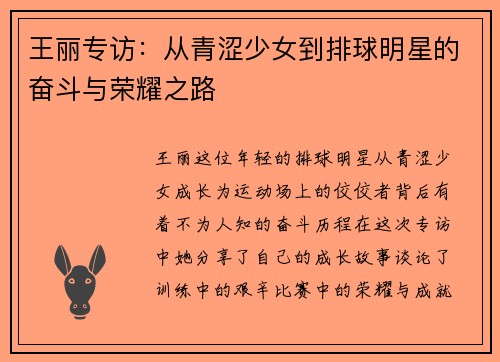 王丽专访：从青涩少女到排球明星的奋斗与荣耀之路