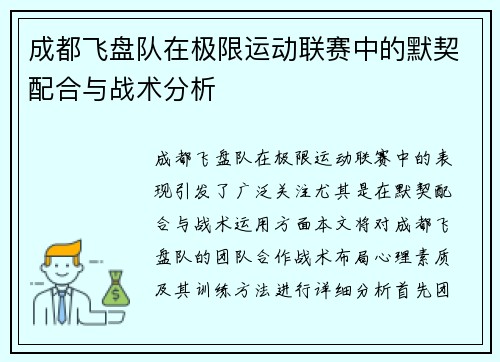 成都飞盘队在极限运动联赛中的默契配合与战术分析