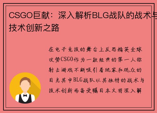 CSGO巨献：深入解析BLG战队的战术与技术创新之路