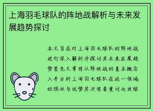 上海羽毛球队的阵地战解析与未来发展趋势探讨