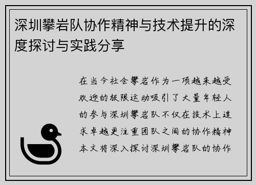 深圳攀岩队协作精神与技术提升的深度探讨与实践分享