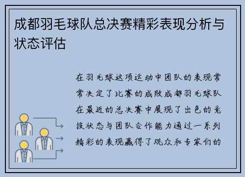 成都羽毛球队总决赛精彩表现分析与状态评估