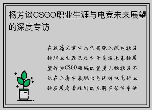 杨芳谈CSGO职业生涯与电竞未来展望的深度专访